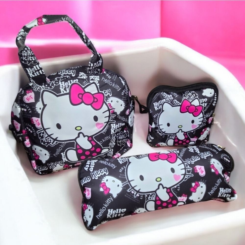 Hello Kitty Black Shoulder Bag Set of 3 Sanrio Kid Tween Travel School Purse NEW